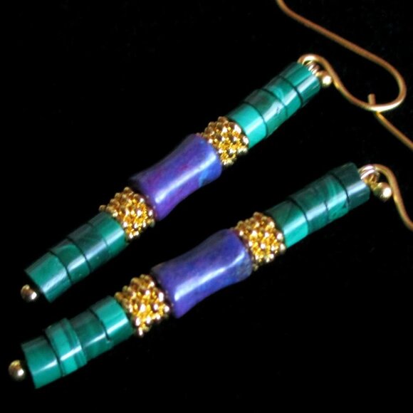 Natural Malachite Kingman Purple Turquoise Earrings Gold Vermeil Sterling Silver - Picture 1 of 6